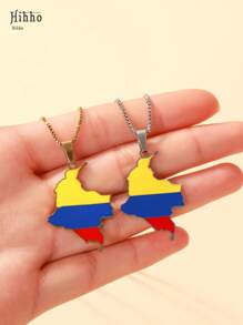 Hihho 1 pièce Collier pendentif en acier de titane avec carte de Colombie, collier avec chaîne en boîte plaqué or 18 carats, collier unisexe en acier inoxydable pour couple, convient pour un port quotidien, cadeau de vacances