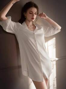 Sexy Underwear Spring And Summer Thin Boyfriend Wind Lace Pajamas Ice Silk Long Sleeve Comfortable Shirt Nightdress Suit Ladies' Home Clothes Sexy Lingerie Set