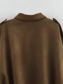 女士纯色长袖仿麂皮飞行员夹克，适合春秋季节 - 咖啡棕 - 查看 7