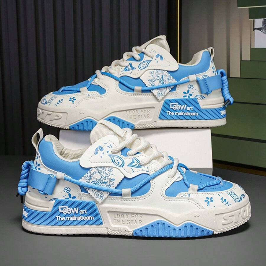 Four-Season Outdoor Walking Shoes Ladies Low-Cut Lace-Up Thick Sole Strong Grip Street Skateboard Shoes Niche College Wind Outdoor Park Running Shoes - 藍色 - 查看 1