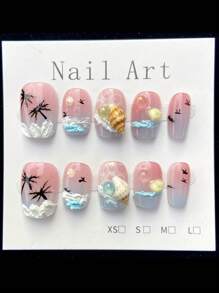 10 Pieces Of Handmade Fantasy Ocean Press On Nails,Summer Nails, Exquisite Shell Decoration, Press On Nails Coffin,Fashionable Design Coffin-Shaped Full-Coverage Nail Pieces, Creating A Sophisticated Look, Suitable For Women And Girls To Wear Daily Or On Holidays.