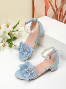 1 par de sandalias de tacón alto decoradas con perlas, zapatos de tacón alto para baile de niñas, sandalias para actividades de estudiantes y casual - Azul - Ver 4