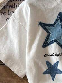 PLAYERA BLUSA DE CUELLO REDONDO PARA DAMA CON ESTAMPDO DE ESTRELLA AZUL PERFECTA PARA CASUAL GYM - Blanco - Ver 4