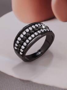 1pc Luxury Elegant Sparkling Wide Double Row Round White Zirconia Stone Ring, Suitable For Women As Gift For Valentine's Day, Date, Proposal, Wedding, Anniversary, Casual Daily Decoration