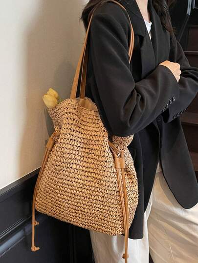 时尚休闲多功能纯色大容量草编旅行手提包，适合海滩、度假、购物