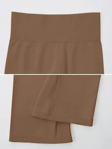 1pc Women's Ribbed Solid Color Tummy Control Lifting Shaping Tight Fit Flared Yoga Pants - Coffee Brown - View 4