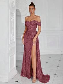 ADYCE 闪亮心形领口褶皱腰身长款缎面系带前开衩露背派对礼服，亮片圣诞派对正式礼服