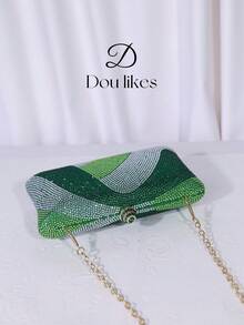 Elegant Green Rhinestone Decor Mini Clutch Bag With Detachable Metal Chain Strap, Ideal Gift For Women, Suitable For Formal Events, Weddings, Parties, Perfect Match For Party Dresses, Formal Gowns And Sequin Dresses, Essential Wedding Accessory