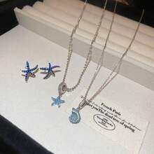 2pcs Blue Shell Starfish Necklaces & Earrings - 925 Sterling Silver Earrings, High-End Jewelry For Women To Wear On Summer Beach Vacations - Multicolor - View 3