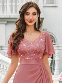 MIUSOL Sequin Embroidered Lace Sweetheart Neck Ruffle Sleeve Draped Side Split Thigh Formal Party Maxi Dress, Wedding Dress, Bride - Dusty Pink - View 8