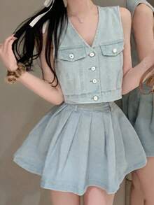 法式辣妹风牛仔背心，时尚显瘦的夏日美学 - 淺色水洗藍 - 查看 2