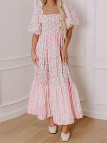 Women Long Dress Floral Print Square Neck Short Sleeve Dress Summer Fashion Casual Dress - 粉色 - 查看 3