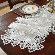 European Style Floral Lace Embroidered Polyester Table Runner - Woven Double Layer Shiny Satin Fabric, Festive Coffee Table Decor For Kitchen Dining, Indoor Outdoor Dinner Party Decoration, Ideal Gift