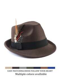 1pc Unisex Elegant Square Woven Band & Feather Trim Felt Trilby Hat, Suitable For Daily & Holiday Wear - Multicolor - View 4