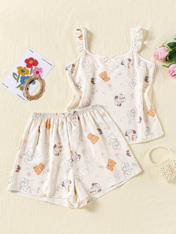 2pcs/Set Women Floral & Puppy Print Backless Cami Top With Bowknot And Loose Shorts, Cute Pajamas Set For Summer Casual Wear