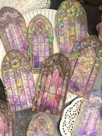 1-pack med 10 st. vintage holografiska folieklistermärken med palatsfönsterdekor för scrapbooking, skolmaterial, tillbaka till skolan