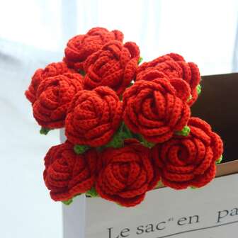 1/3/6/10枝手工钩针玫瑰花束（不含容器，非香皂玫瑰），装饰花，人造花，手工花，针织花，永生花。婚礼新娘花束，女士礼物，母亲礼物，创意礼物，适用于餐厅、客厅、卧室、婚礼、派对、户外等家居装饰。适用于春夏装饰、感恩节、母亲节、父亲节、生日等节日。