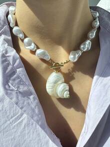 1 件白色不对称巴洛克珍珠天然大贝壳吊坠项链，简约百搭的海滩珠宝，优雅别致，适合女性夏季假日