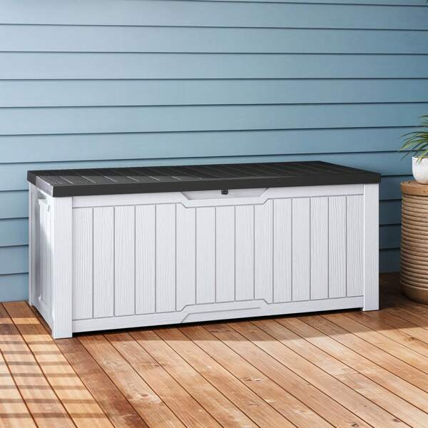 120 Gallon Outdoor Storage Bench Box - Waterproof Deck Box In Black/White - Lockable Storage For Garden Tools, Patio Cushions & Pool Gear - Converts To Table - Easy Assembly
