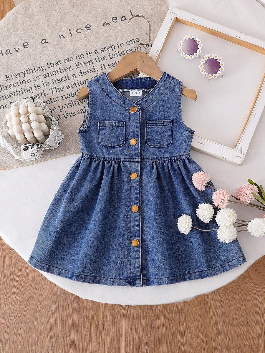 HAO6 春夏女婴无袖 V 领连衣裙，新生儿休闲连衣裙，前襟纽扣，百褶裙设计 - 中等水洗藍 - 查看 1