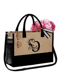 Black Khaki Patchwork Tote Bag Set, Black Vines Wrapped Around The Initial Letters A-Z, With The Same Series Of Color Block Makeup Storage Bag, Toiletry Bag, Wallet, Personalized Gift Bag, Fashionable Personalized Tote Bag - Khaki - View 62