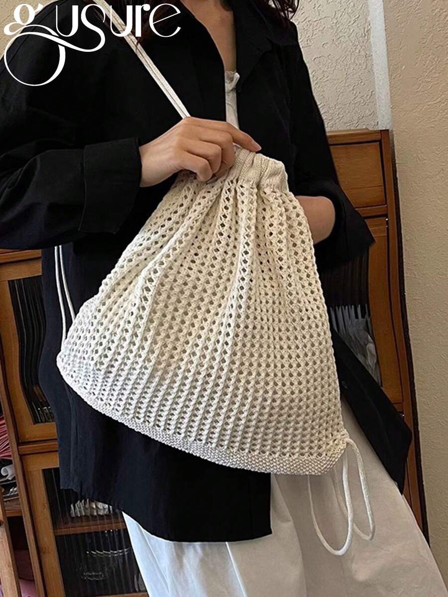 高品质休闲包镂空编织手工水桶包女士手提包大容量托特包女士钱包单肩包女士单肩包休闲编织女士手工托特包大容量夏季沙滩女背包