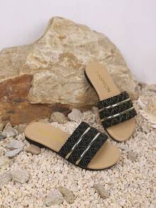 Girls' Outdoor Slippers Summer New Round Toe Decoration Design, Anti Slip And Durable, Fashionable And Generous, Children's Flat Bottomed Beach Slippers - Black - View 2