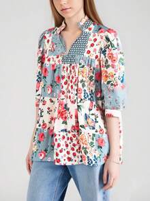 花卉格纹拼接V领短袖休闲衬衫，荷叶边下摆，优雅舒适，适合春夏假期穿着。 - 彩色 - 查看 9