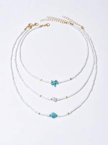 Set de 3 collares largos multicapa con cuentas y colgante de estrella de mar de vidrio, estilo bohemio, adecuado para que las mujeres los usen en vacaciones en la playa