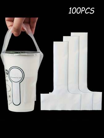 100 个 T 型奶茶手提袋 - 便携式饮料杯手提袋，带手柄的透明塑料杯套，塑料杯，非常适合商店送货悬挂携带外卖饮料袋牛奶果汁水茶孔液体袋单杯或双杯