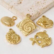 5 Stücke Edelstahl Ozean Themen Anhänger Sortiment - Seestern, Muschel, Schildkröte, Hai, Fisch, Delfin, Seepferdchen. Geeignet für Armband, Halskette, Knöchel, Ohrring Schmuck DIY, Vintage, Strand, Party Elemente, 18 Karat vergoldet