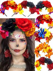 墨西哥亡灵节玫瑰花冠头饰，万圣节派对、海滩派对、舞台表演角色扮演的花卉发饰 - 彩色 - 查看 2