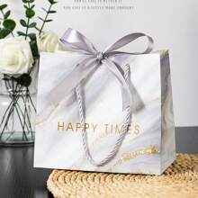 1pc INS Style Gift Bag With Dual Color Ribbon & Marble Pattern, Tote Bag For Gifts, Suitable For Valentine's Day, Presents, Shopping, Snacks, Apparel