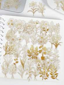 YWWBLD 50pcs Gold Textured Botanical Stickers Pet Material Transparent Stickers For Laptop Notepad Cover Room Decoration Diy Creative Stickers