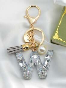 1pc Initial Letter Keychain, Diamond Accented Key Chain Pendant, Minimalist& Fashionable Bag Charm For Men - Silver - View 34