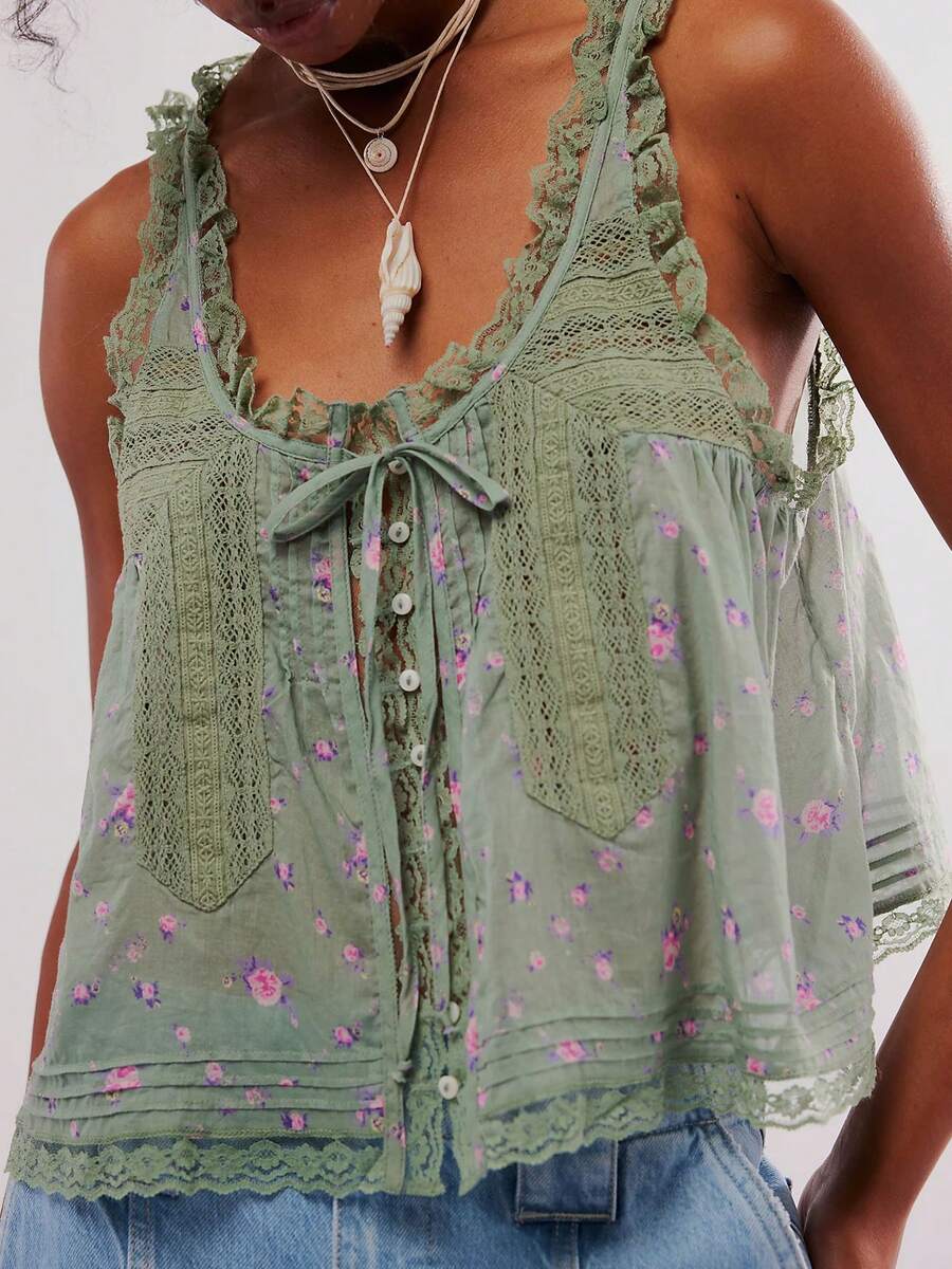 Women Lace Trim Vest Tank Tops Semi Sheer Tie Button Front Crop Y2K Going Out Tops Cute Summer Cami Shirt - 綠色 - 查看 1