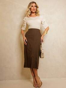 Linen Midi Skirt With Stylish Slit And Flexible Waist Casual Elegant Party Linen Hollow Out/Cut Out Split Skirt Evening Office Formal Evening Travel - 墨綠色 - 查看 3