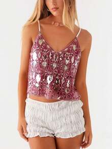 Women's Sequin Bead Cropped Camisole Spaghetti Strap V-Neck Slim Fit Tank Tops Streetwear - 粉色 - 查看 1