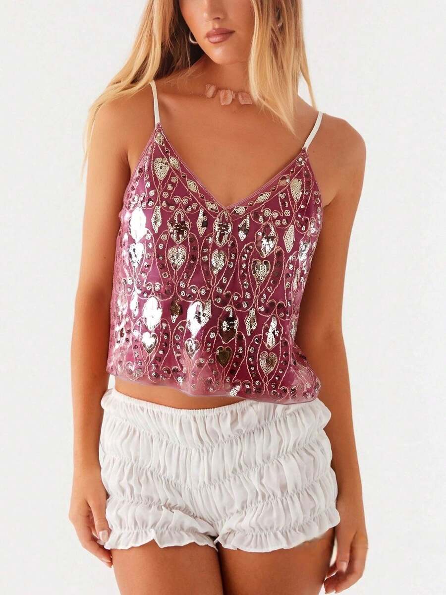 Women's Sequin Bead Cropped Camisole Spaghetti Strap V-Neck Slim Fit Tank Tops Streetwear - 粉色 - 查看 1