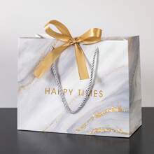 1pc INS Style Gift Bag With Dual Color Ribbon & Marble Pattern, Tote Bag For Gifts, Suitable For Valentine's Day, Presents, Shopping, Snacks, Apparel