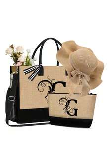 沙滩亚麻手提包套装，包含肩带、女士编织波浪沙滩帽和化妆包，黑色字母藤蔓缠绕字母 A-Z 沙滩配饰包、肩包和化妆包。 - 卡其色 - 查看 26
