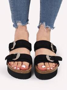 CIABATTE IN CAMOSCIO SINTETICO CON 2 FASCE E FIBBIA CON STRASS - Black - View 3