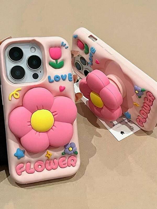 Funda de teléfono con soporte retráctil de flor en color rosa pastel de estilo caricaturesco, adecuada para 16 Pro Max/15 Pro Max, diseño creativo de celebridad de internet, estilo femenino y lindo, cubierta antideslizante de silicona, apropiada para primavera/verano