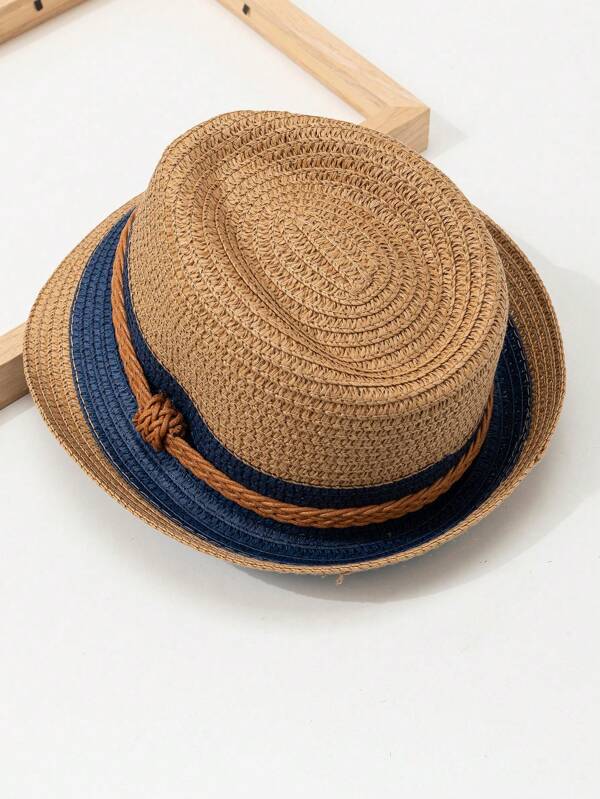 1pc Unisex Toddler Braided Western Style Two-Tone Camel Panama Sun Hat, Minimalist American Style Suitable For Summer Outings, Parent-Child Matching, Outdoor Beach Vacation, Children's Day Gift
