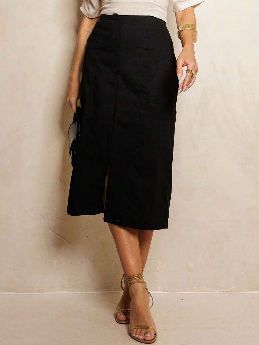 Linen Midi Skirt With Stylish Slit And Flexible Waist Casual Elegant Party Linen Hollow Out/Cut Out Split Skirt Evening Office Formal Evening Travel - 黑色 - 查看 1