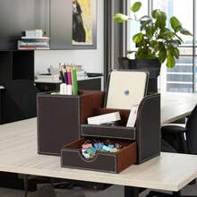 Black Multi-Functional Pen Holder With Drawer, PU Leather Stationery Storage Box, Back To School