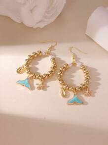 MESTILO 2pcs Tropical Style Metal Faux Pearl Oil Drop Starfish, Fish, Seashell Design Earrings Suitable For Women Holiday & Vacation Wear
