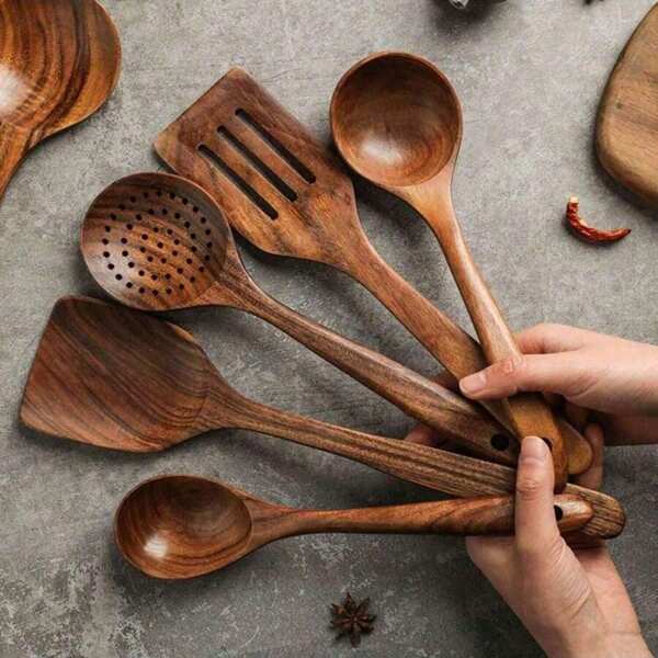 Juego de utensilios de cocina de madera, que incluye espátula, pala para wok y utensilios de cocina hechos de madera de alcanfor natural y fragante para la cocina