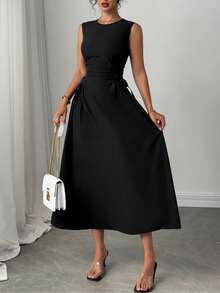 2025 Frühling/Sommer Neuer Europäischer & Amerikanischer Stil Einfarbiges Kleid mit Schnürung in Taille, elegantes Knielanges Kleid, Damen Ärmellos Hoch Tailliert A-Linie Kleid, Rundhalsausschnitt, feminin, geeignet für Alltag und Büro - Schwarz - Übersicht 10