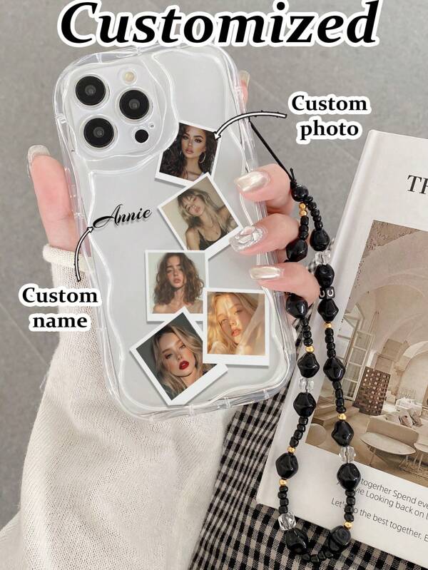 Individualisierbare Cremetextured Wellenkanten-Glanz Handyhülle mit Namen + Foto Muster, dicke Anti-Rutsch Handyhülle mit handgefertigter Perlenarmband-Accessoire, kompatibel mit 16/11/16pro/16plus/16promax/16e/15Promax/13/14/12/XS/XR/7G/8P, kompatibel mit Galaxy S25/S25PLUS/S25